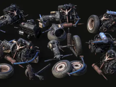 Old car engine Low-poly 3D model