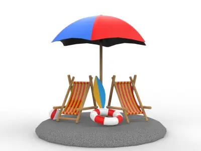 beach chair and umbrella Low-poly 3D model