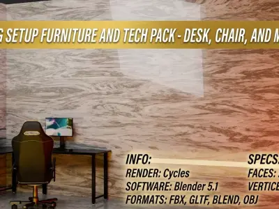 Gaming Setup Furniture and Tech Pack   Desk  Chair and Monitor Low-poly 3D model