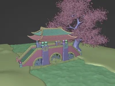 Realstic low poly Japanese bridge game asset Low-poly 3D model