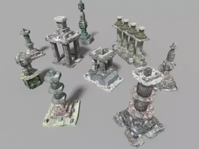 9 low poly temple pillars collection Low-poly 3D model