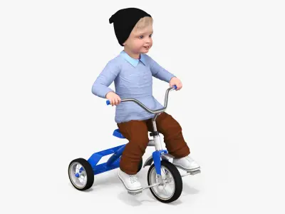 One Year Old Toddler on a Tricycle 3D model