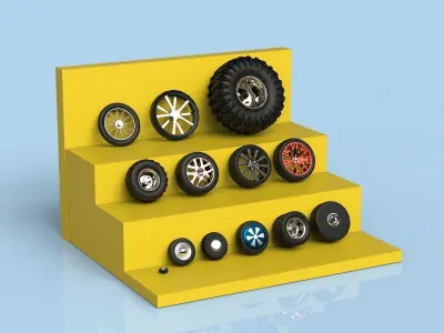 Tire collection set of wheels on shelf 3D model