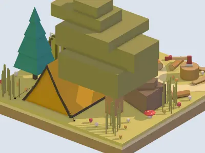 isometric camping ground near a big tree Low-poly 3D model