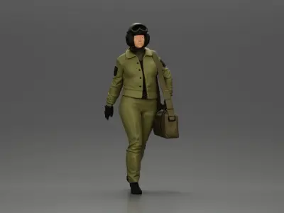 Pilot Woman Walking with Military Helmet Emergency Shoulder Bag 3D print model
