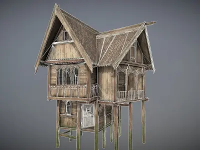 Medieval Lake Village - House 20 with interiors Low-poly 3D model