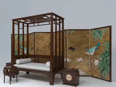 ZEN SET room divider with birds and flowers 3D model