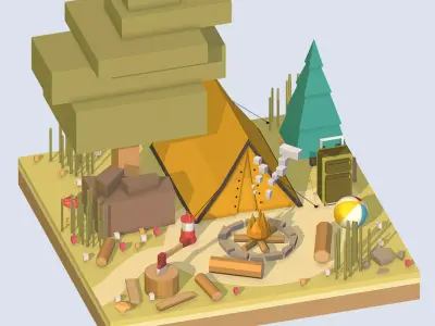 isometric camping ground near a big tree Low-poly 3D model