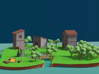 3d village low poly map of forest Free low-poly 3D model