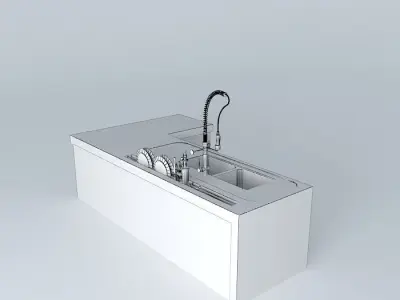 Bench with drainer double bowl and Accessories Free 3D model