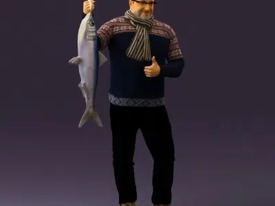 Cozy beard man in glasses with fish 0963 3D model