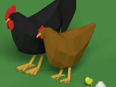Low Poly Rooster Hen Chicken Egg Set Low-poly 3D model