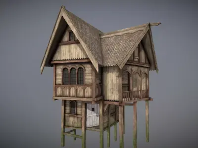 Medieval Lake Village - House 20 with interiors Low-poly 3D model