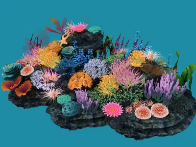 Coral corals and plants on rock 3D model