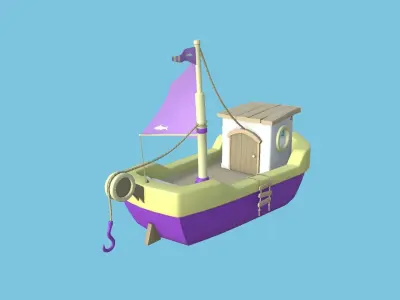 Cartoon Boat 04 - Purple Yellow - Low Poly Ship Low-poly 3D model