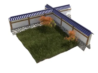 Japanese garden with wall bushes and gras 3D model Low-poly 3D model
