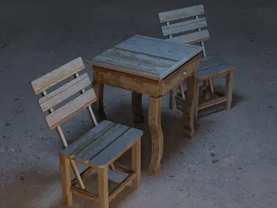 Realistic Old Vintage Wooden Chair and Table 3D model