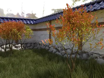 Japanese garden with wall bushes and gras 3D model Low-poly 3D model