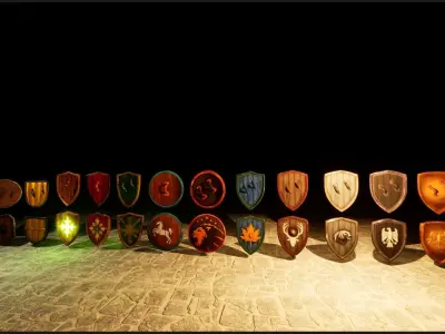 12 Stylized Medieval Shields Low-poly 3D model