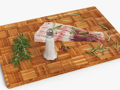 Uncooked Pork Bacon on Cutting Board 3D model