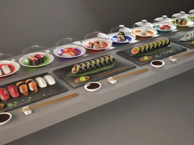 sushi belt Kaitenzushi and dishes Giapan seafood Low-poly 3D model