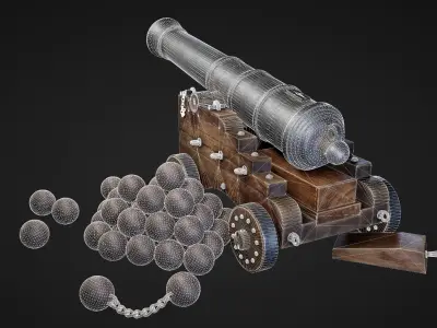 Cannon with balls Low-poly 3D model