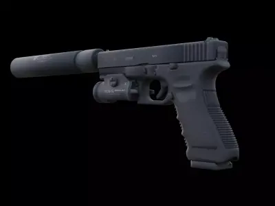 Tactical Glock 17 Pistol with Suppressor Flashlight Game Ready Low-poly 3D model