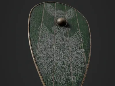 Slavic kite wooden shield-painted green with birds symbol Low-poly 3D model