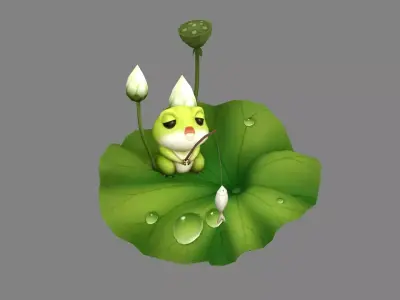 Cartoon Frog fishing on lotus leaf Low-poly 3D model