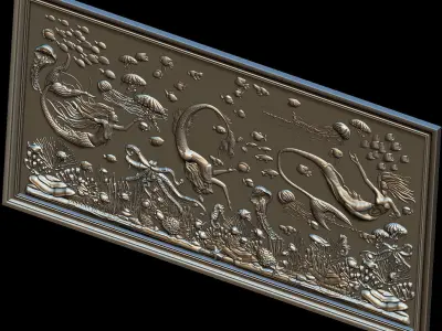 Aquatic Mermaid Theme Panno v6 STL for CNC Relief engraving 3D model