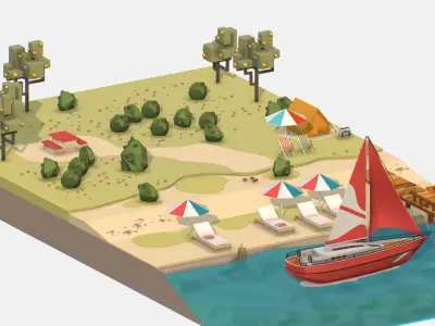 Red Yacht Scene MotorBoat Red Low-poly 3D model