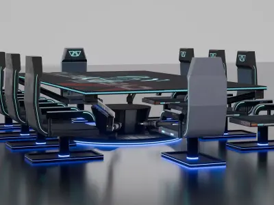 Cybernetic Futuristic Conference Table with Robotic Arms  Low-poly 3D model