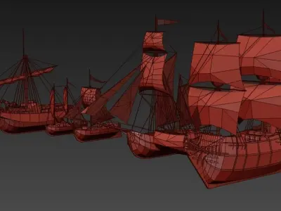 sailboats lowpoly group of wooden ships Low-poly 3D model