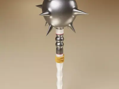 weapon silver spiked with wooden handle 3D model