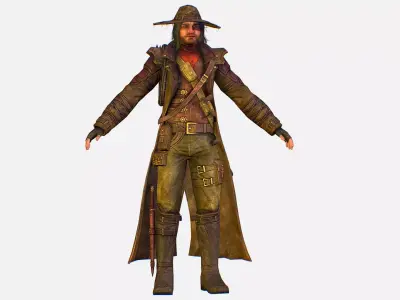 Man Cowboy Leather Coat Wide-Brimmed Hat Game Character Low-poly 3D model
