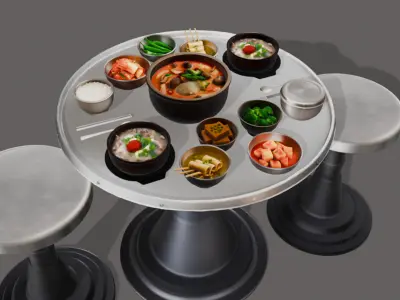 Korean Comfort Food and Tableware Set of 13 Low-poly 3D model