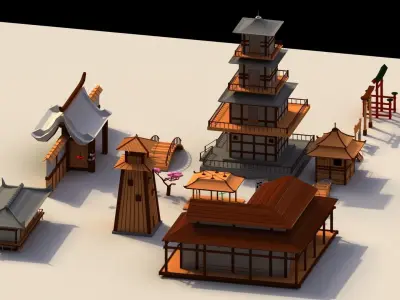 Low Poly Traditional Japanese Town Low-poly 3D model