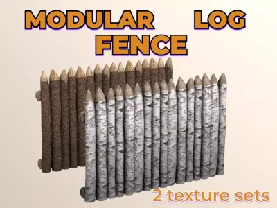 Log Fence birch pine bark wooden fencing Low-poly 3D model