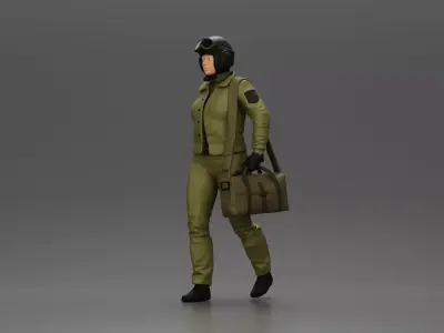Pilot Woman Walking with Military Helmet Emergency Shoulder Bag 3D print model
