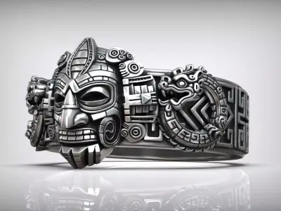 Mayan Traditional Mesoamerica Ornamental Mask Sculpture Ring 3D print model