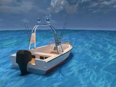 a small motorboat floating on a calm 3D model