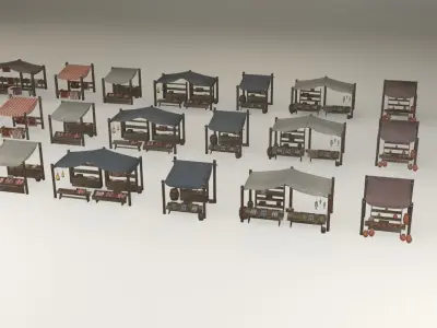 Game-ready medieval-antique street markets modular collection Low-poly 3D model