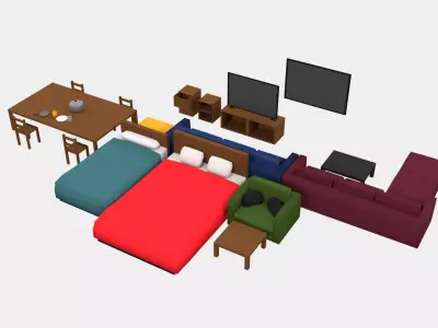 3d low poly furniture living room with couches and chairs Free low-poly 3D model