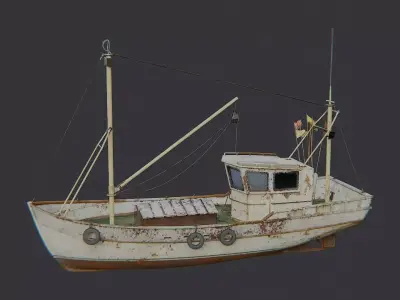 Classic wooden fishing boat with cabin Low-poly 3D model