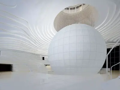 Museum interior of building with ball inside 3D model