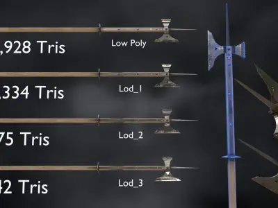 Pollaxe set of swords and spears Low-poly 3D model