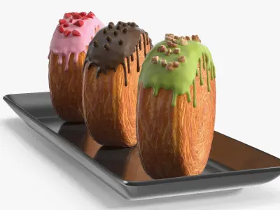 Round Croissant Pastry with Three Glazed Flavors on Tray 3D model