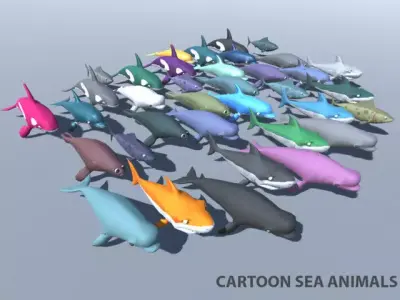 Shark dolphin and other sea animals Low-poly 3D model