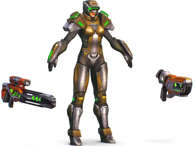 Cartoon Sci-Fi Cyborg Drone Sniper Soldier Low-poly 3D model