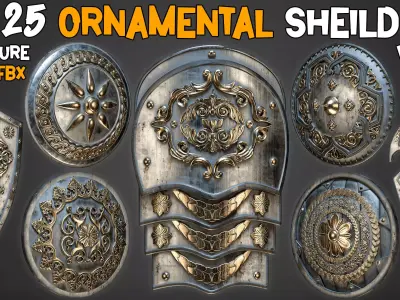 25 Ornamental Shield 3D Models LowPoly and Texture Vol 16 Low-poly 3D model